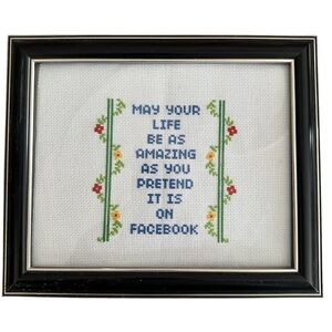Framed 8x10 Humorous Cross Stitch Embroidery Facebook Quote